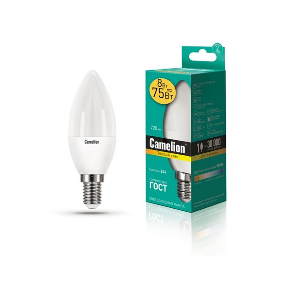 Camelion  LED ნათურა Lamp -  LED8-C35/830/E14 ნათურა ლედ განათებით ეკონომიური 8 ვატი (ეკვივალენტი 75 ვატის)   016123