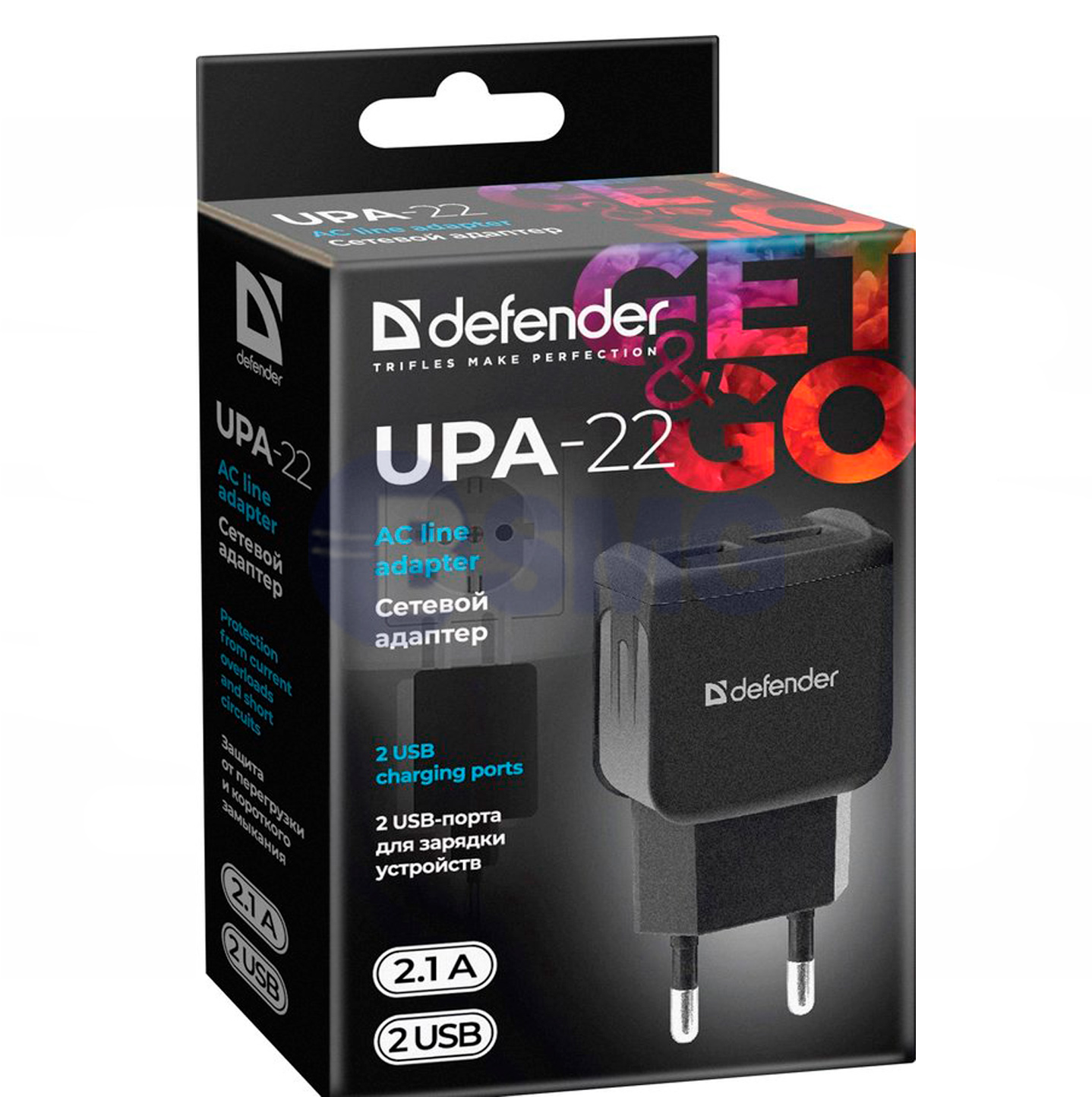 AC line დამტენი adapter Defender UPA-22 black, 2xUSB, 2.1A   023678