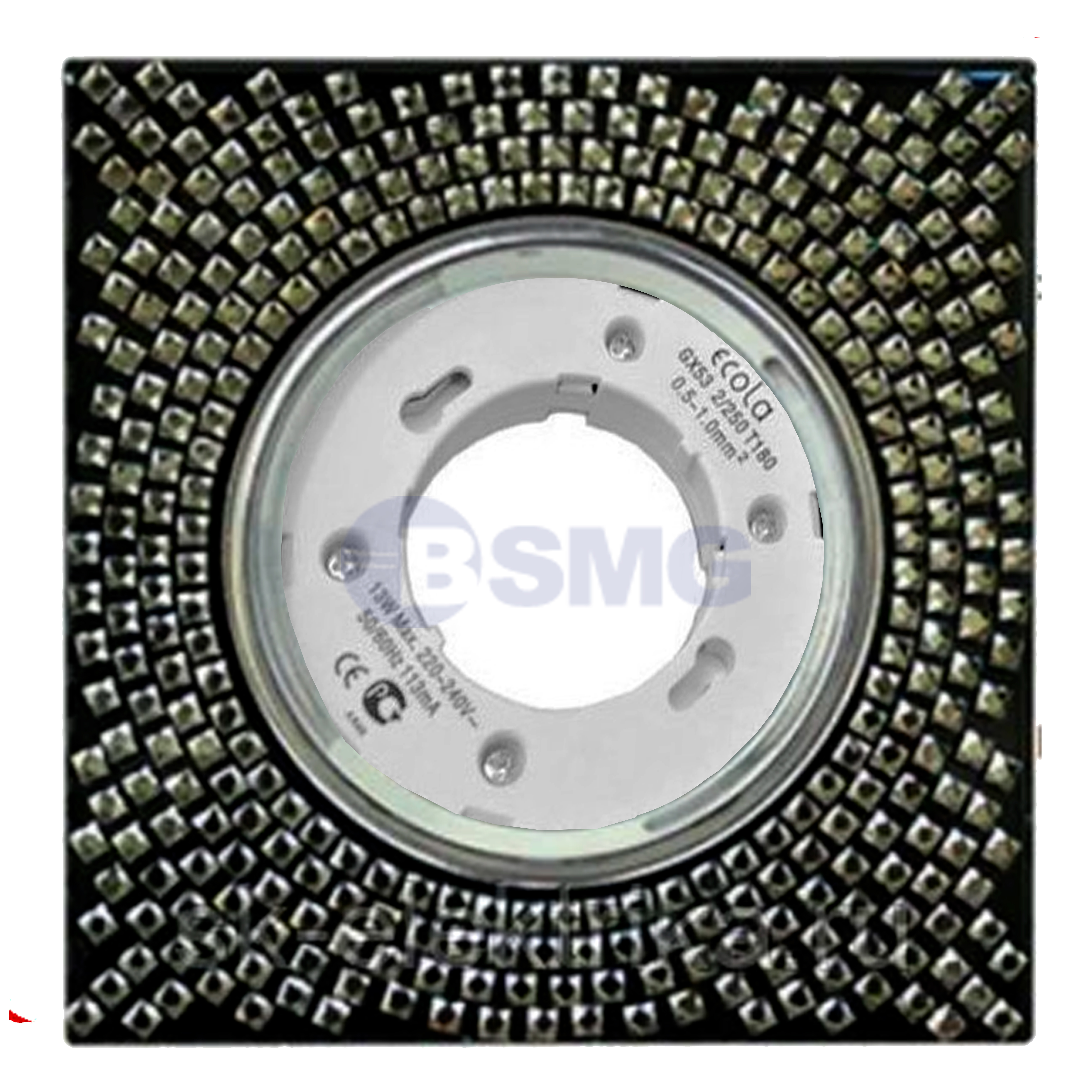 დიოდური ეკოლა GX53 H4 კლასი ჩაღრმავებული ჭერი მოედნის. გამჭვირვალე მოზაიკა. ფონი შავი/ცენტრ ქრომი. 40X123X123,არტFX53SGECB    023533