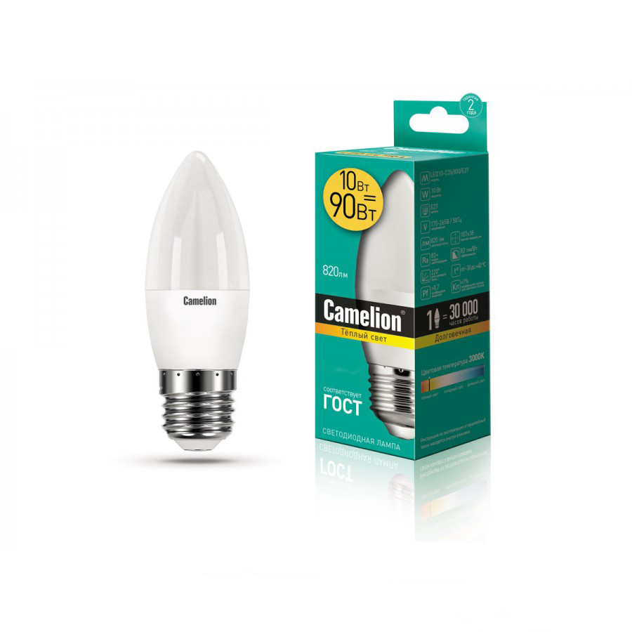 Camelion  LED ნათურა Lamp -  LED10-C35/830/E14 ნათურა ლედ განათებით ეკონომიური 10 ვატი (ეკვივალენტი 95 ვატის)  ცივი ნათება E27 ცოკოლზე   016128
