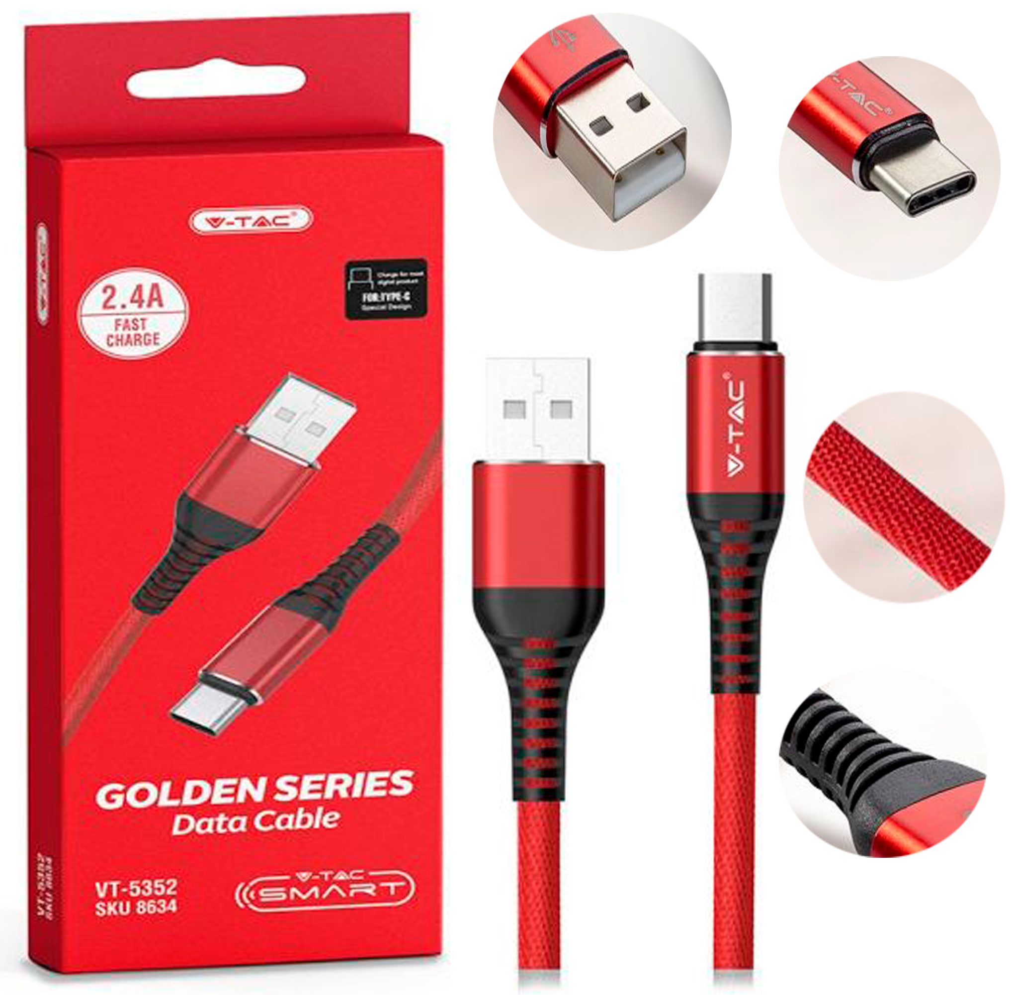 8634-1მ USB შნური ტიპი C წითელი ფერი სერია GOLD  015744