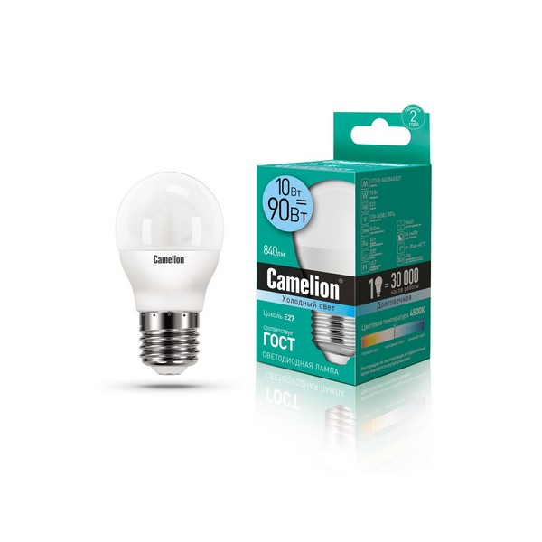 Camelion  LED ნათურა Lamp -  LED10-G45/845/E27 ნათურა ლედ განათებით ეკონომიური 10 ვატი (ეკვივალენტი 95 ვატის)  ცივი ნათება E27 ცოკოლზე    016126