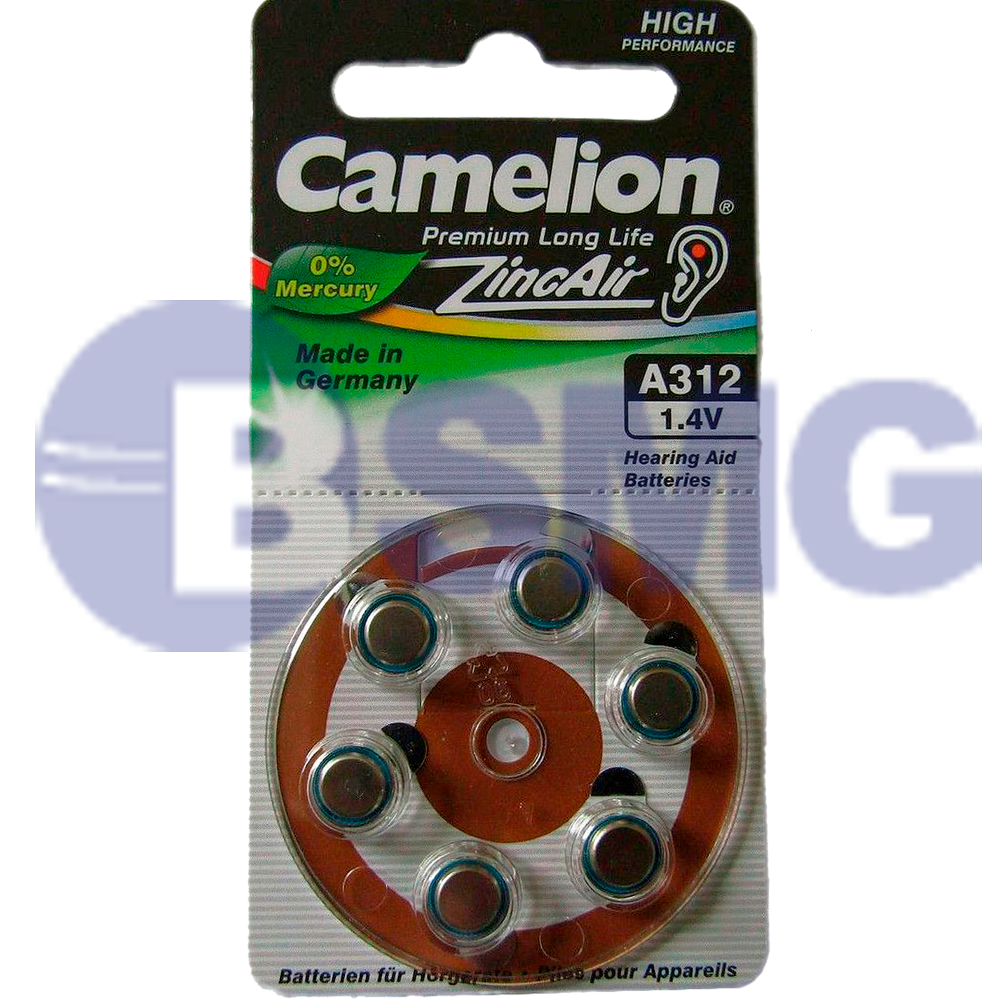 4493 Camelion Zinc Air (mercury free) ელემენტი-ღილაკი,   A312-BP6(0%HG) (1 ცალი)  014876