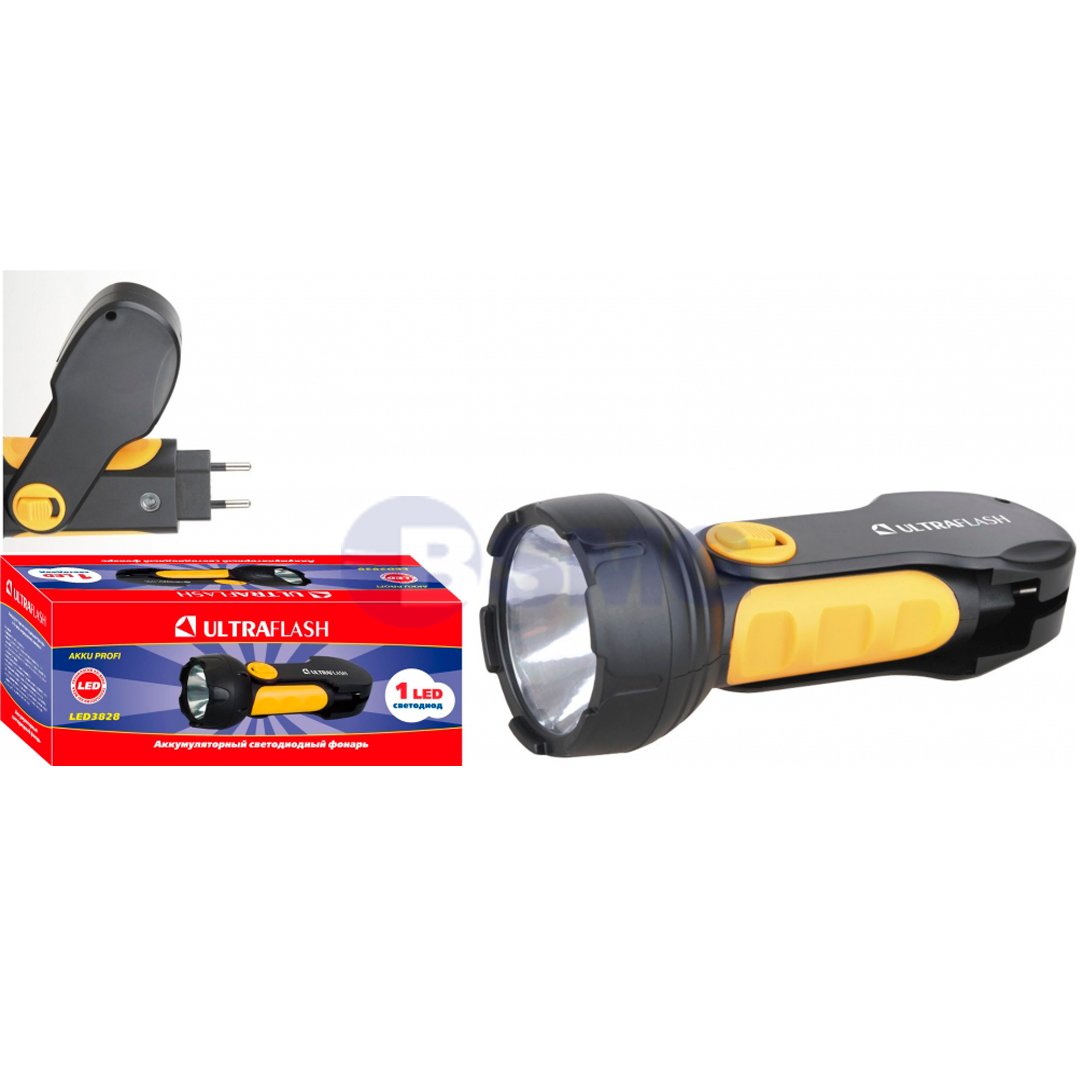 Ultraflash დასატენი ფანარი LED3828 1 ლედ ნათურა დატენვის შემდრეგ მუშაობს 4,5 საათს განათების 1 რეჟიმი ზომა 50 x 155 x 50           015580