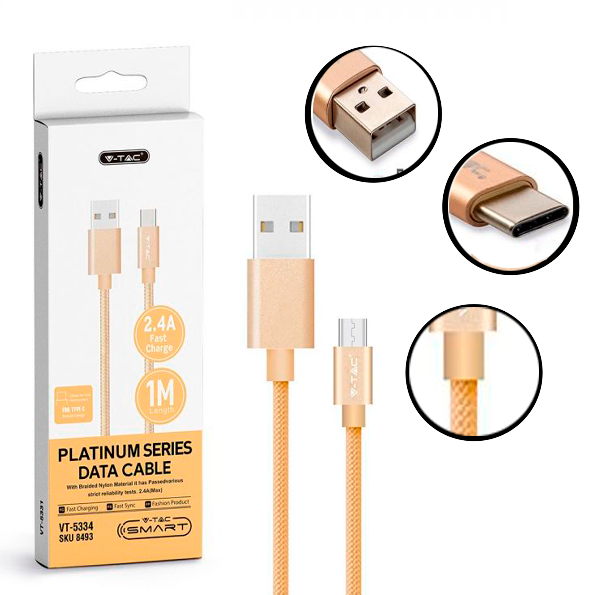 8493-1მ USB შნური ტიპი C ოქროს ფერი სერია PLATINUM   015731