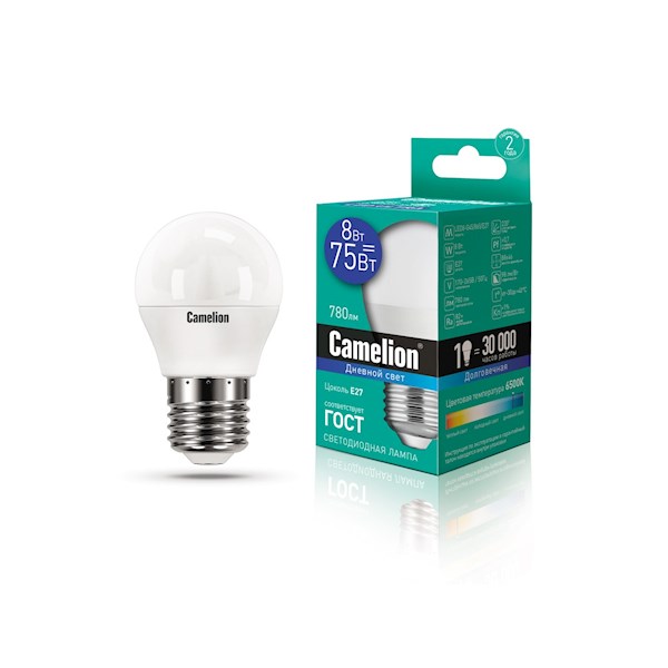 Camelion  LED ნათურა Lamp -  LED8-G45/865/E27 ნათურა ლედ განათებით ეკონომიური 8 ვატი (ეკვივალენტი 75    017001