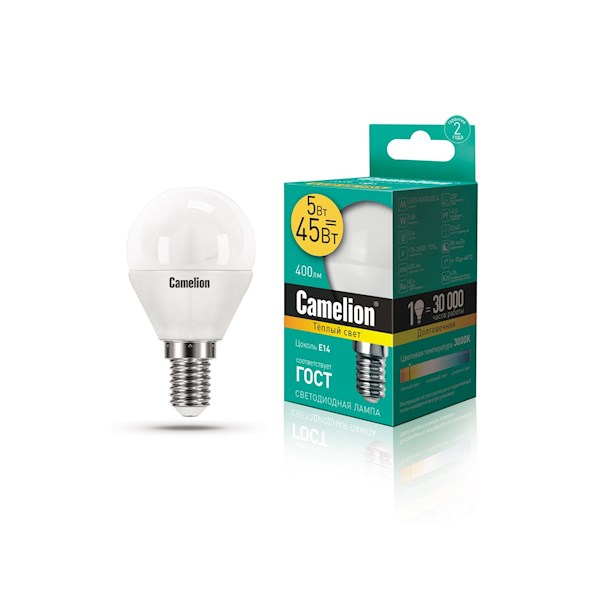 Camelion Led Lamp LED5-G45/830/E14 ნათურა ლედ განათებით ეკონომიური 5 ვატი   017567